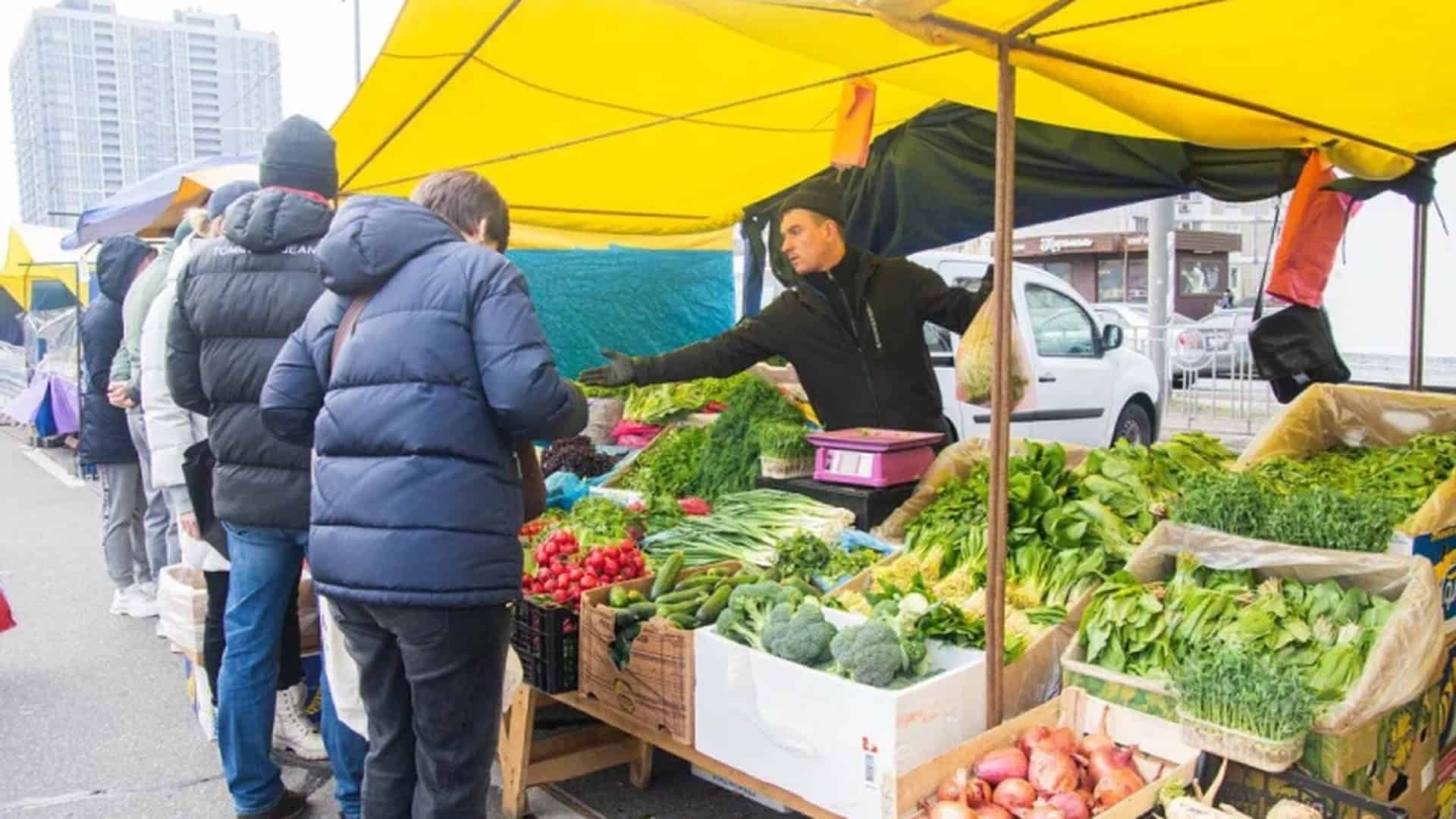 Продавець та покупці на продуктовому сільськогосподарському ярмарку в Києві — свіжі овочі та зелень просто від виробників