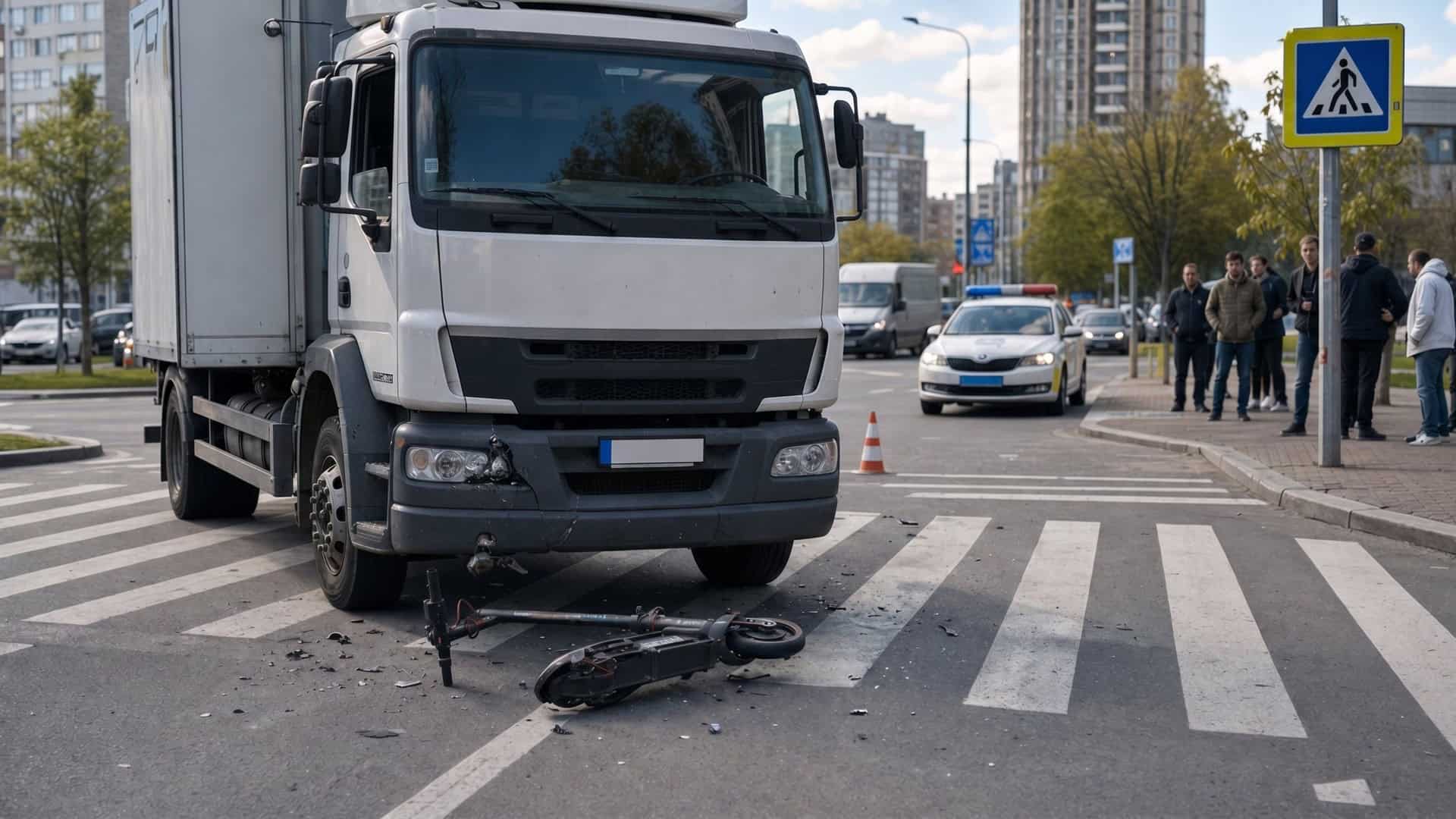 Вантажівка на пішохідному переході після ДТП із самокатником — ілюстративне фото