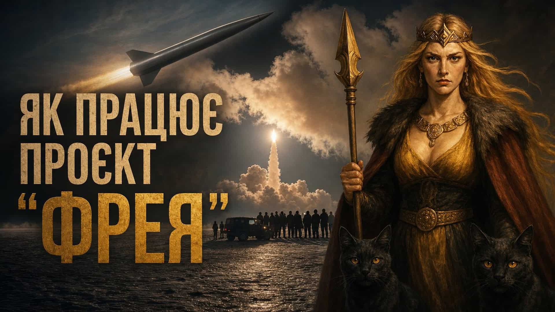 AI-ілюстрація до матеріалу про проєкт «Фрея»: богиня-воїн із списом на тлі ракетного пуску — символ антибалістичного щита Fire Point для України і Європи