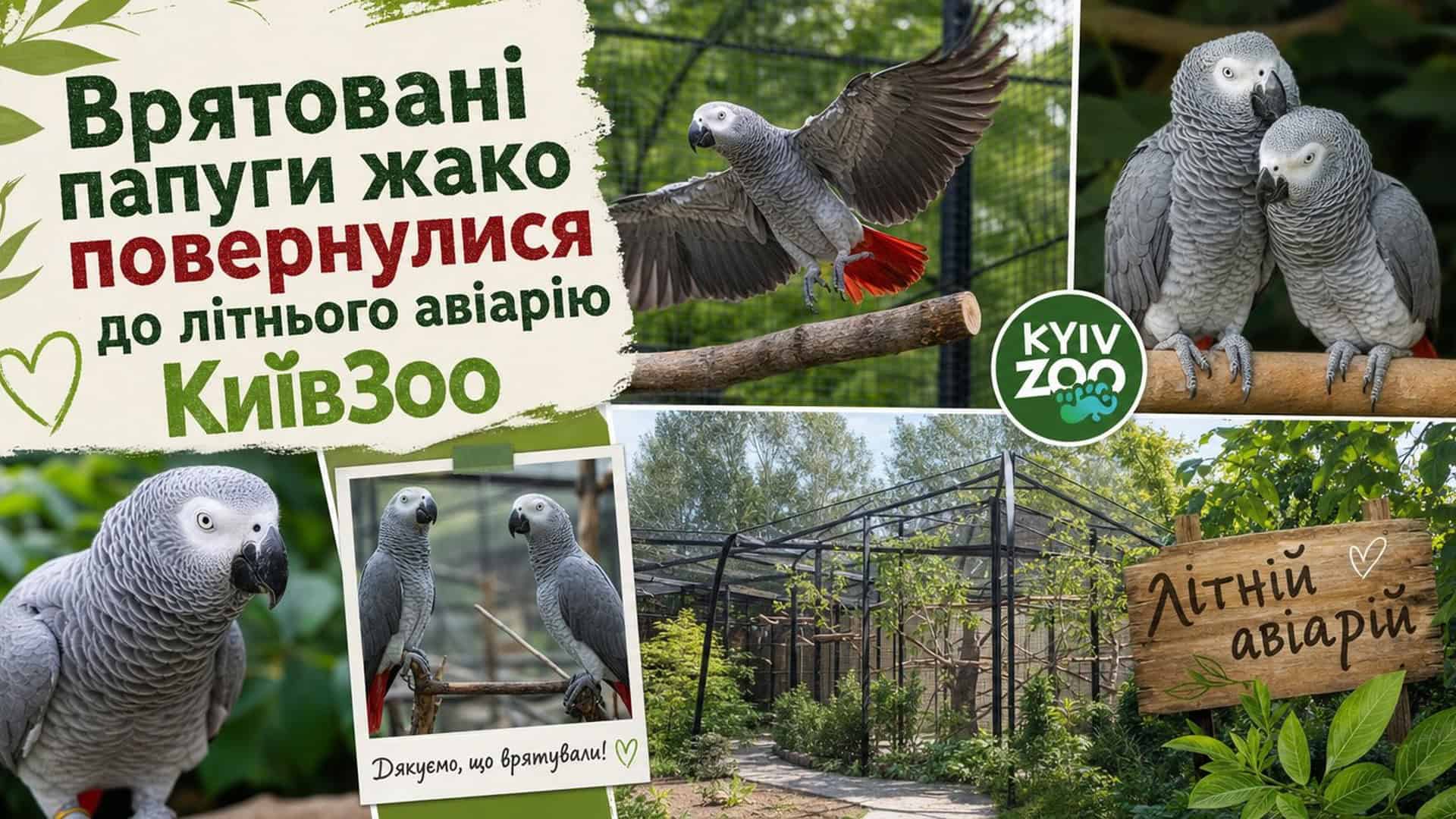 Врятовані папуги жако у клітках літнього авіарію КиївЗоо — сірі папуги з червоними хвостами після повернення з зимового укриття