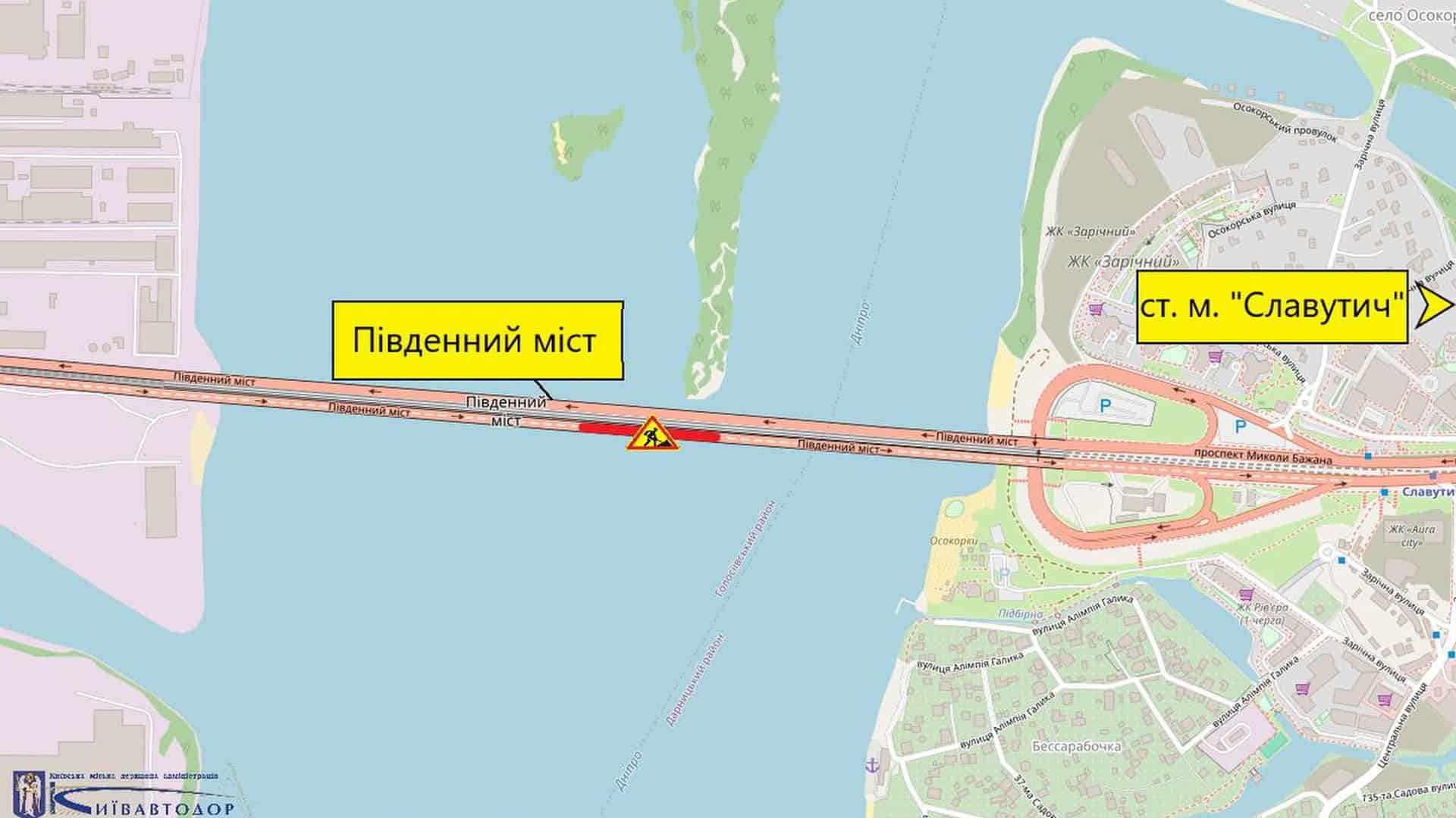 Схема обмеження руху на Південному мосту у Києві з 15 по 18 травня 2026 — ділянка ремонту асфальтового покриття позначена на карті між Голосіївським та Дарницьким районами