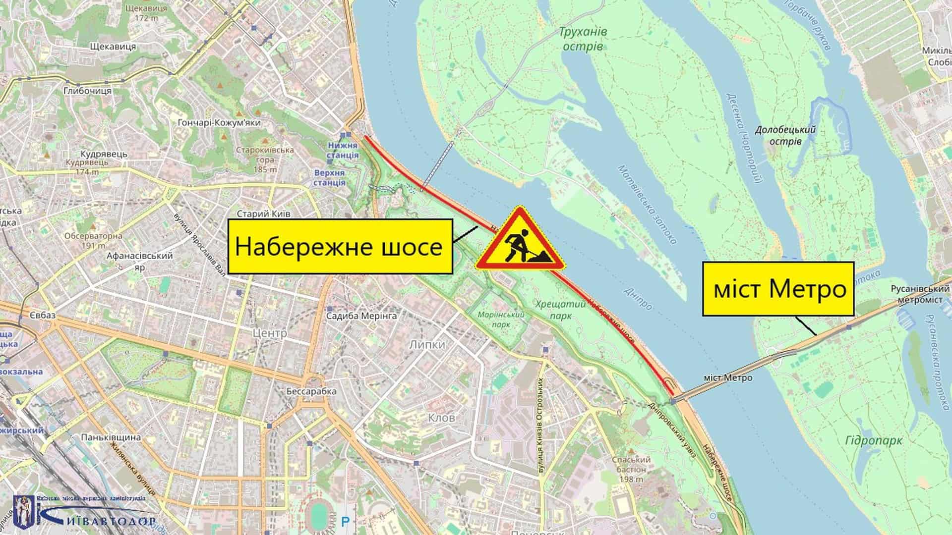 У Києві 11 квітня змінять 3 автобусні маршрути через ярмарки Карта Київа зі схемою часткового обмеження руху на Набережному шосе в Печерському районі 26 травня 2026 року