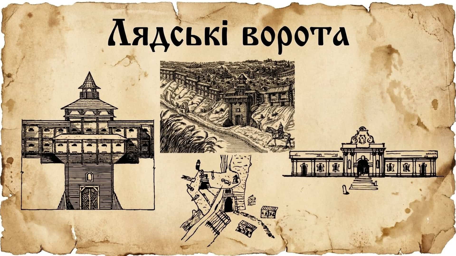 Стилізована реконструкція Лядських воріт давньоруського Києва: дерев'яна вежа, мурована барокова брама та схема укріплень на старому пергаменті