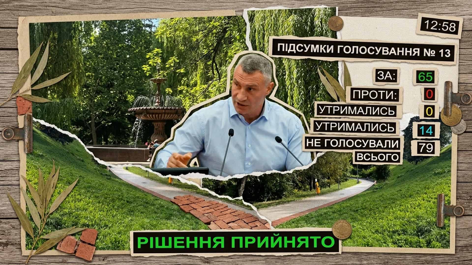 Зелені схили Пейзажної алеї в Києві та табло голосування Київради, яка дозволила багаторівневий паркінг на 4,06 га зеленої зони