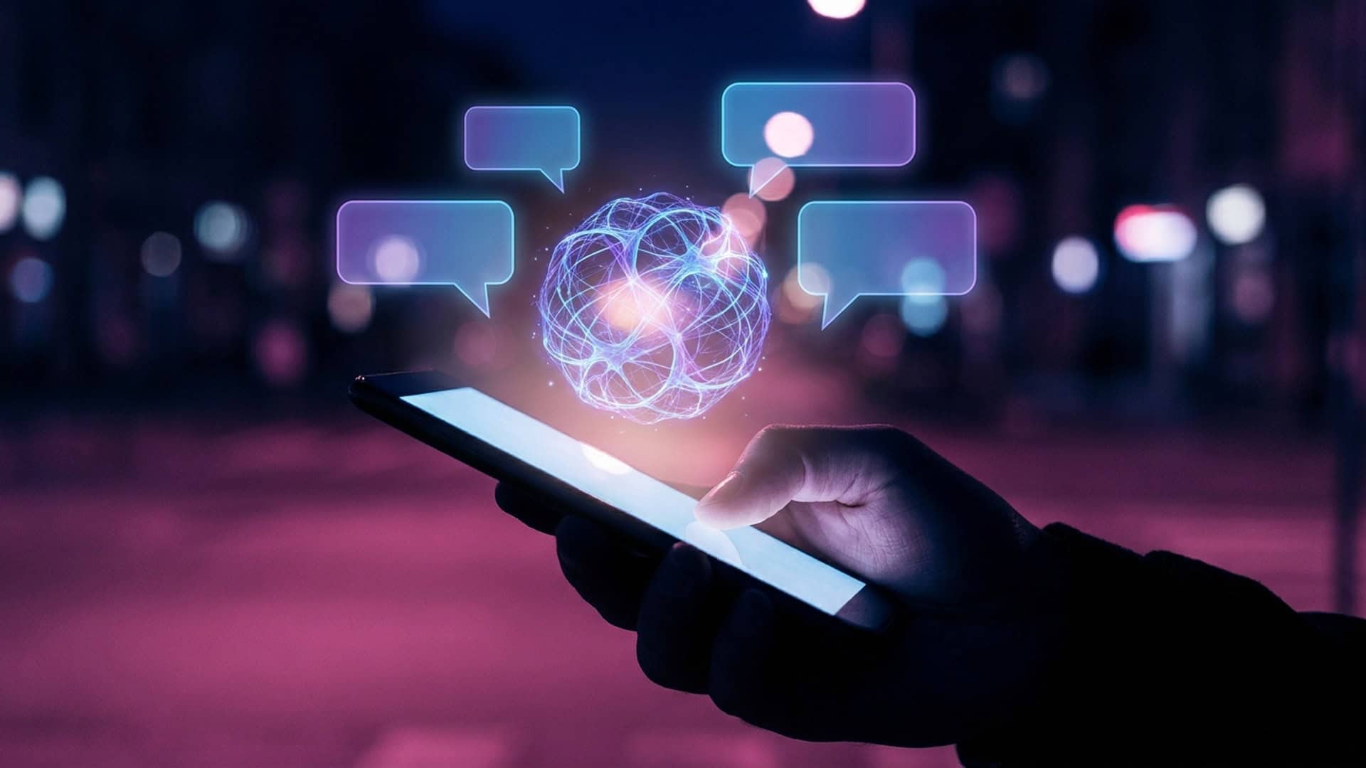 Смартфон з бульбашками повідомлень, серед яких світиться штучна нейронна сфера — ілюстрація до новини про ШІ-чатбот у повідомленнях Threads