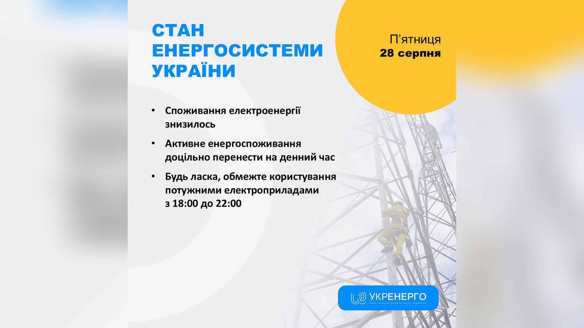 Лінії електропередачі на тлі неба — знеструмлення в Київській та трьох інших областях після нічного обстрілу 28 серпня