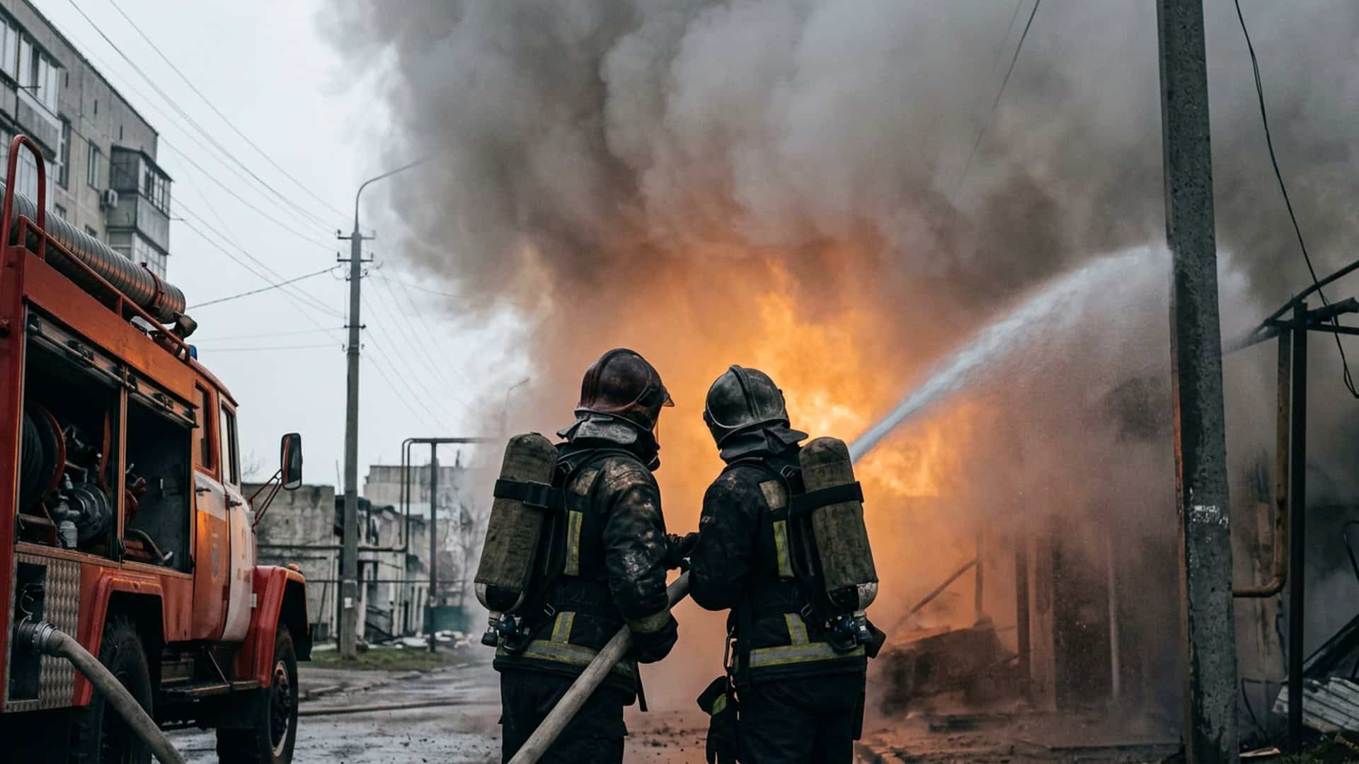 Смертельна ДТП на Київщині: п’яний водій вилетів на зустрічну смугу Двоє рятувальників у захисному спорядженні гасять пожежу зі ствола