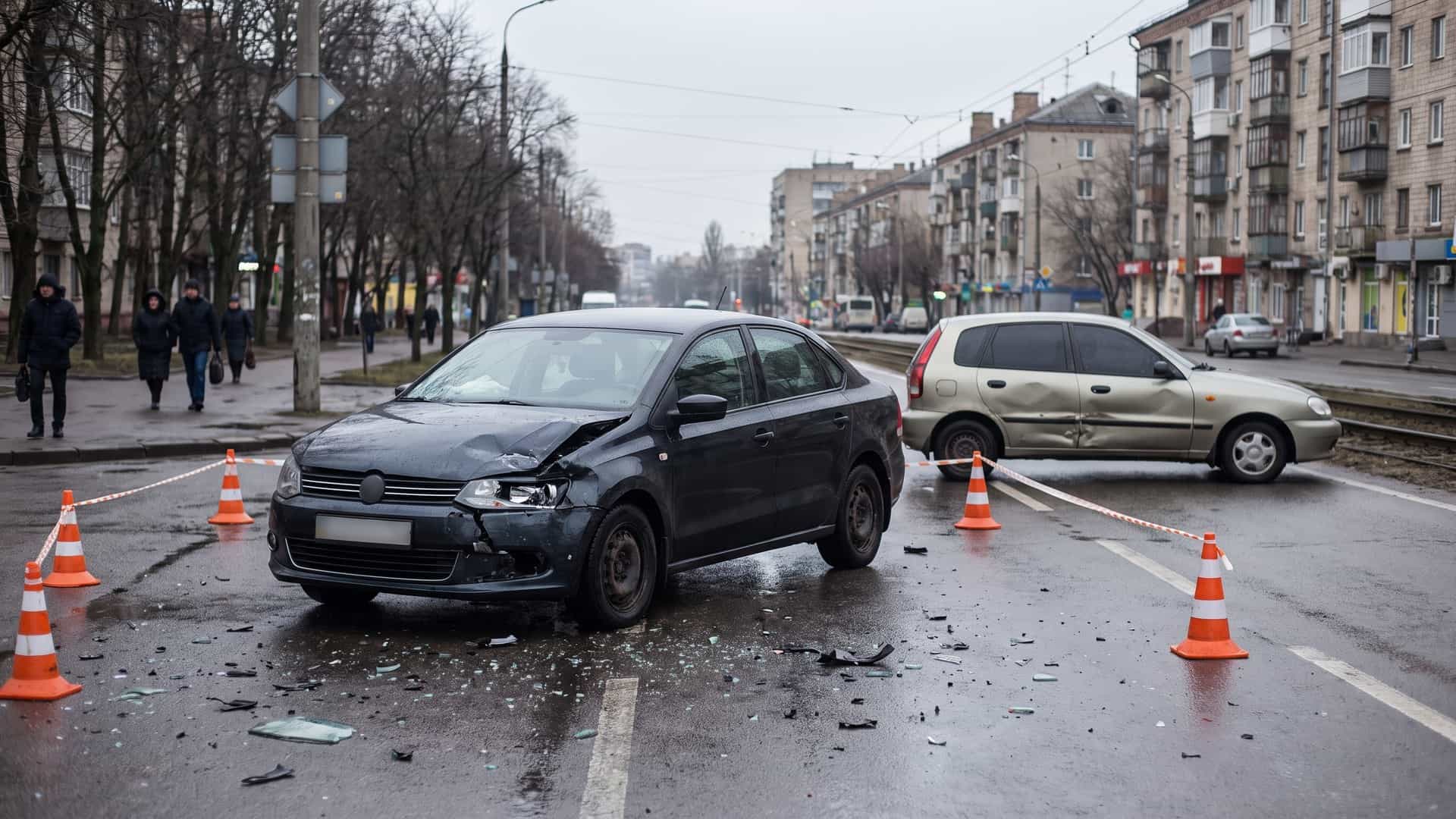 Два пошкоджені автомобілі на проїзній частині, уламки та конуси навколо