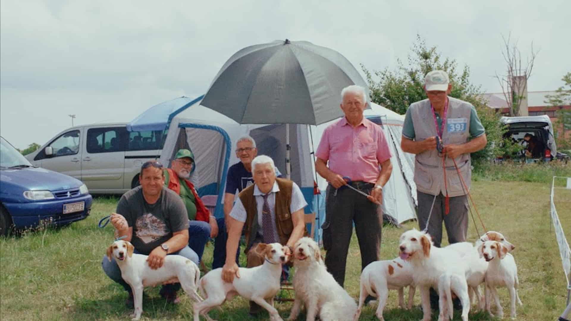 Групове фото чоловіків із мисливськими собаками біля наметів на кінологічній виставці — кадр з архівної аматорської плівки програми «Домашнє кіно»