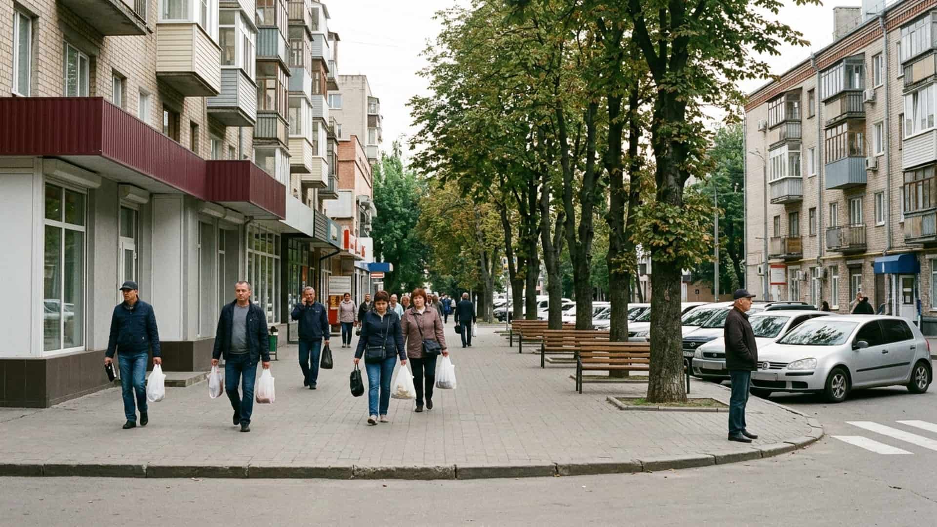 Перехожі з покупками на тротуарі міської вулиці серед житлових будинків