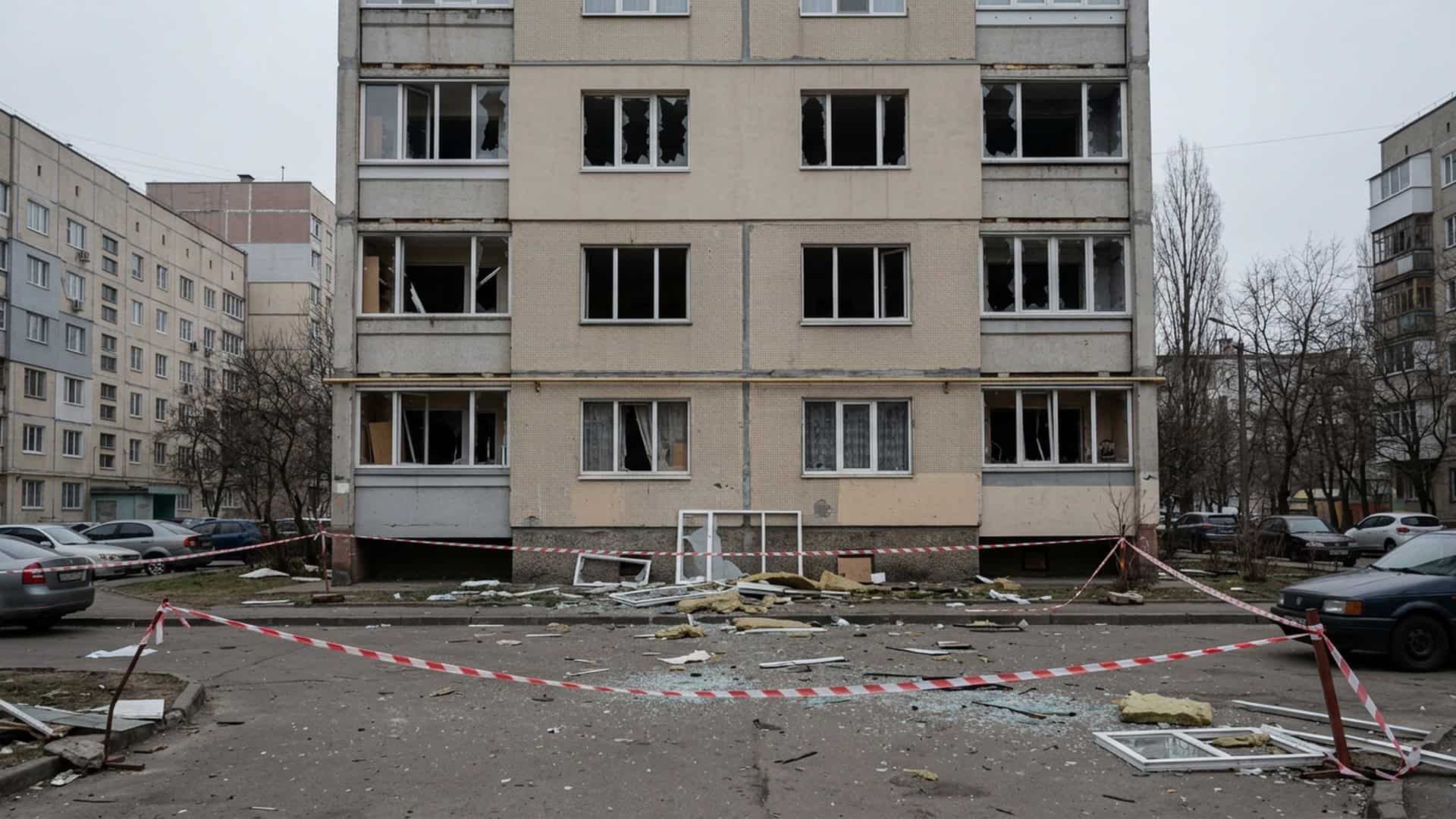 Київ зазнав найбільшого удару за всю війну: 30 загиблих Житловий будинок з вибитими вікнами, огороджена стрічкою ділянка з уламками
