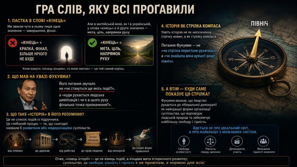 Інфографіка «Гра слів, яку всі проґавили»: подвійне значення слова «кінець» і історія як стрілка компаса