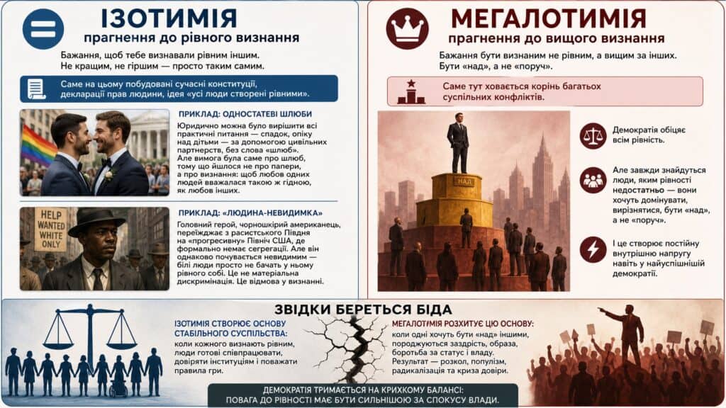 Інфографіка порівняння ізотимії та мегалотимії — прагнення рівного і прагнення вищого визнання