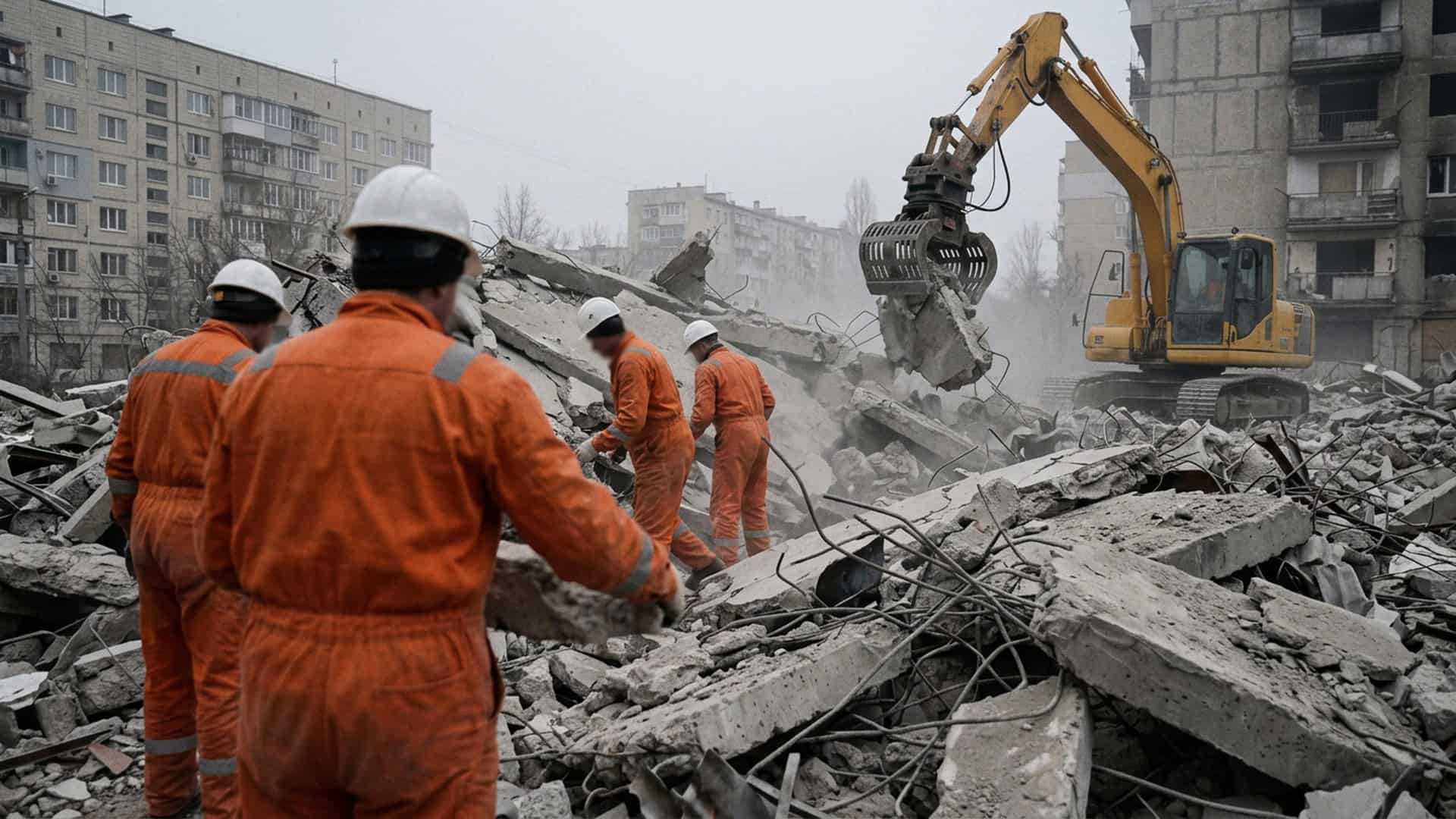 Рятувальники та екскаватор розбирають завали з бетонних плит