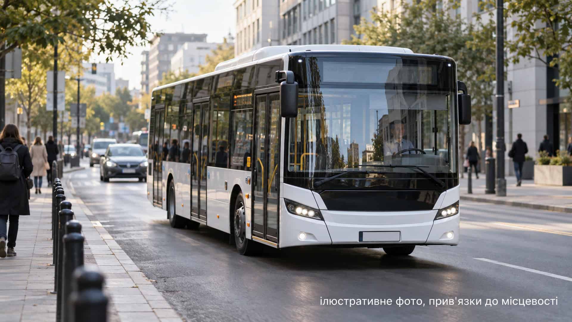 Ілюстративне фото: сучасний автобус їде міською вулицею серед пішоходів та автівок удень
