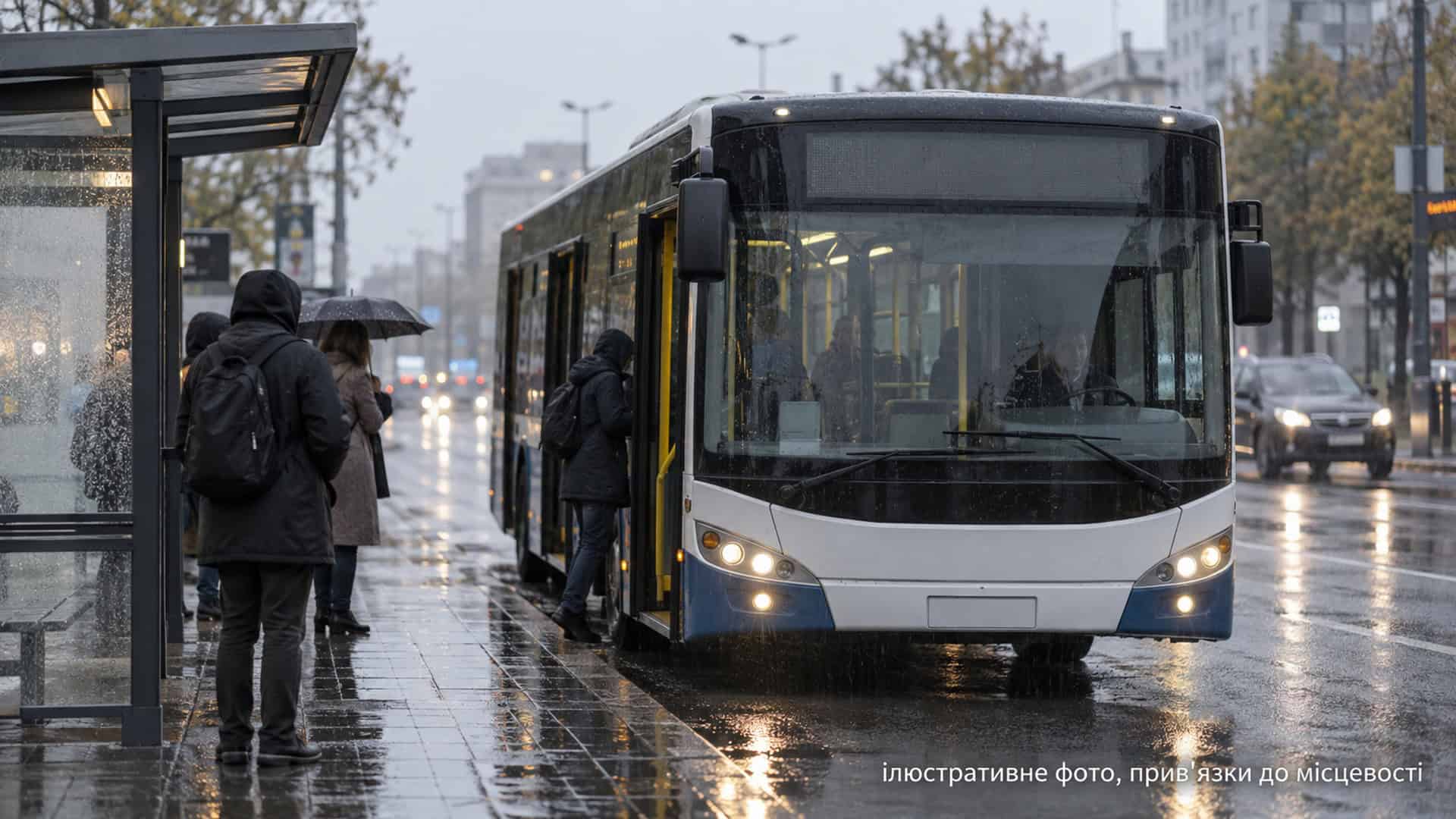 Міст Патона частково перекриють із 18 до 21 вересня через ремонт Ілюстративне фото: пасажири заходять в автобус на зупинці під дощем у похмуру погоду