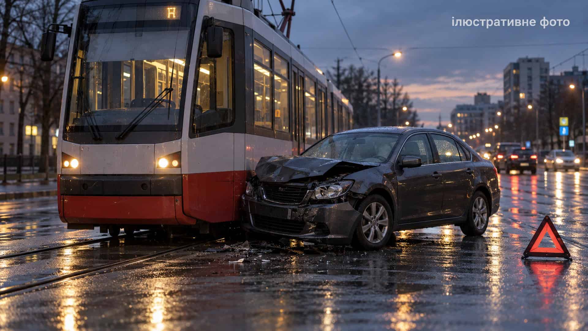 Ілюстративне фото: пошкоджена автівка після зіткнення з трамваєм на мокрій дорозі у сутінках, поруч знак аварійної зупинки