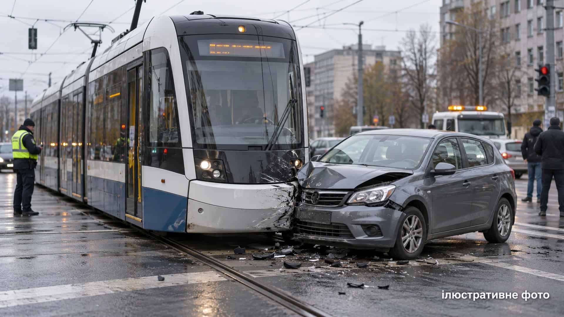 Ілюстративне фото: поліція оглядає місце ДТП трамвая з легковим автомобілем на мокрому перехресті