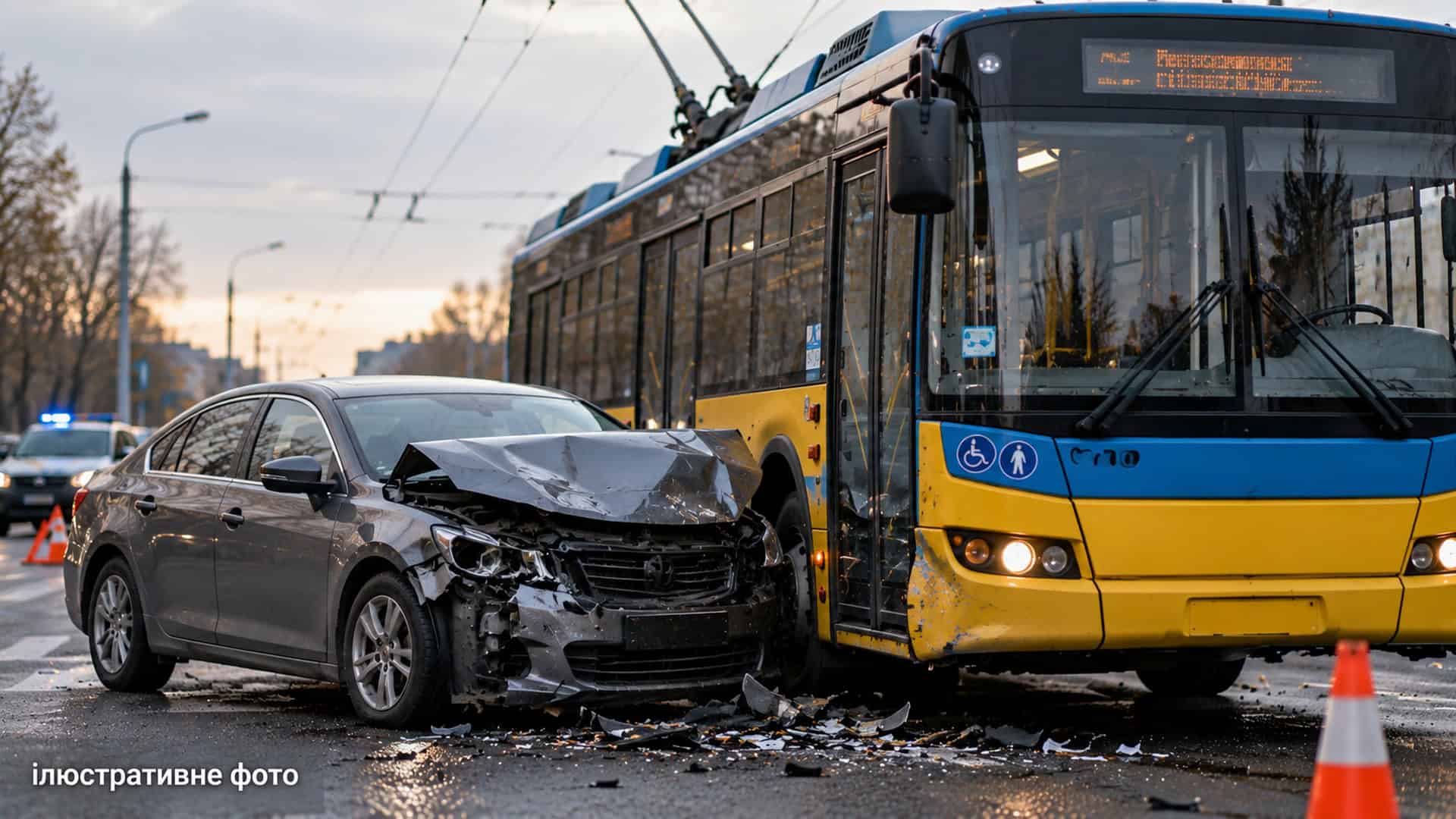 П’ять тролейбусів затримуються на бульв. Міхновського через ДТП Ілюстративне фото: пошкоджена автівка врізалась у тролейбус, поруч поліція та аварійний конус