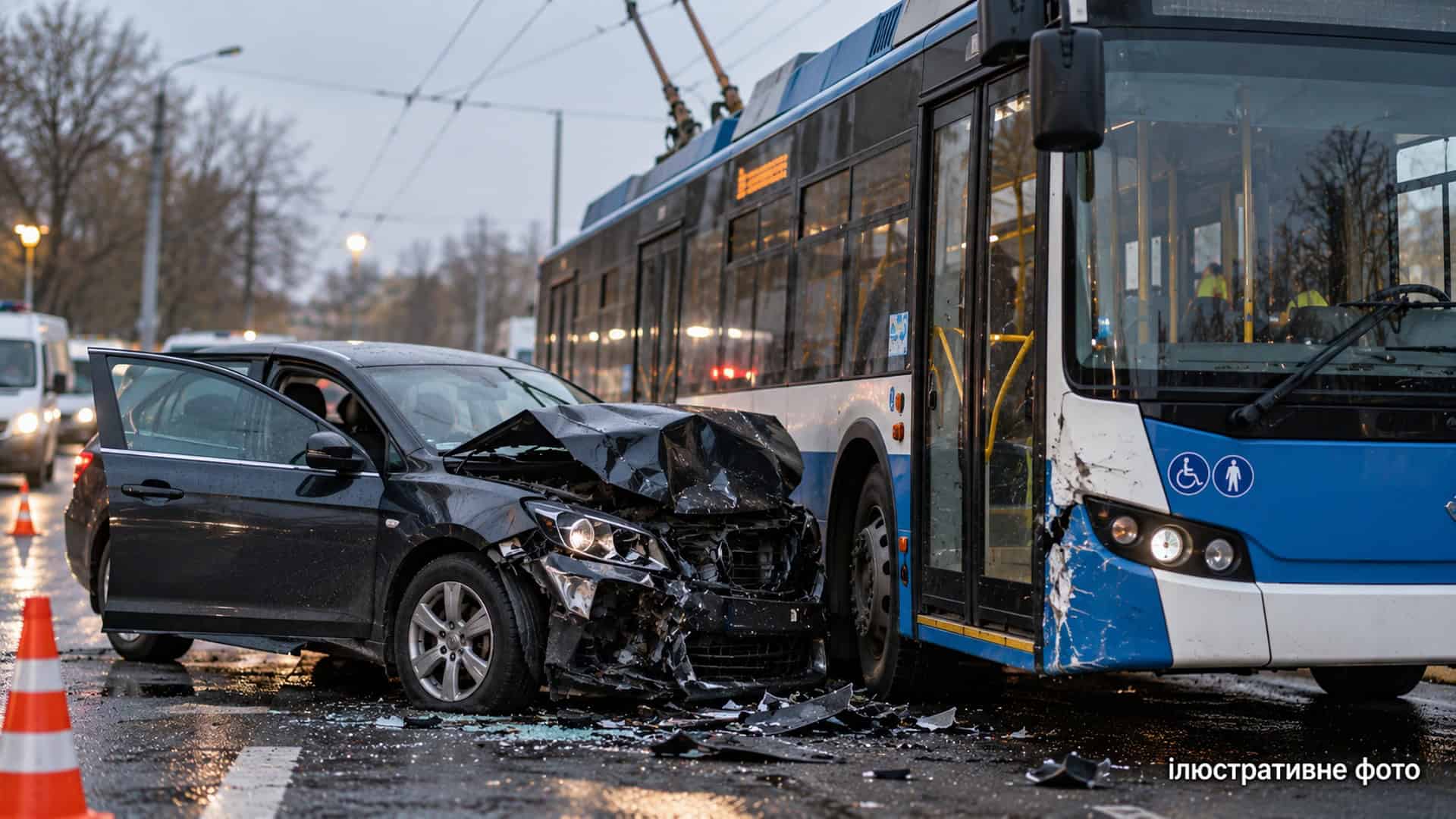 Ілюстративне фото: пошкоджена автівка після зіткнення з тролейбусом на перехресті у ранковому світлі