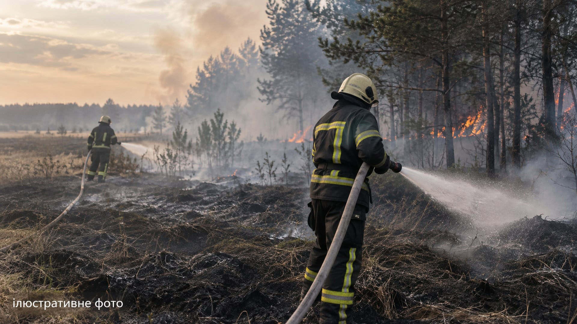 Атака на Київ: 8 загиблих, серед них 12-річна дівчинка, 43 постраждалих Ілюстративне фото: двоє рятувальників гасять пожежу сухої трави на узліссі соснового бору, на тлі вечірнього неба дим