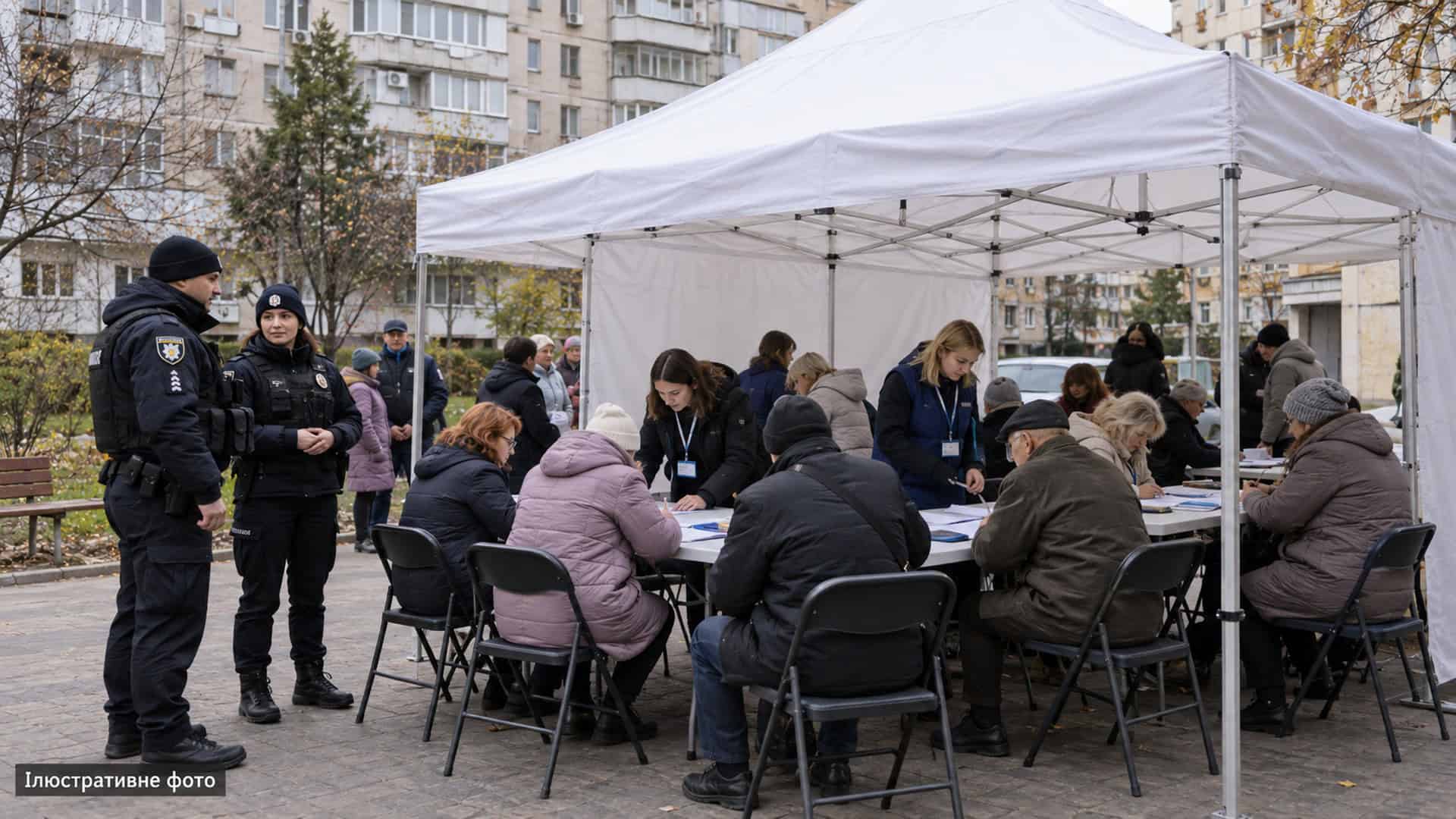 Мешканці заповнюють документи за столами в білому наметі штабу допомоги у дворі багатоповерхівок, поруч чергують поліцейські