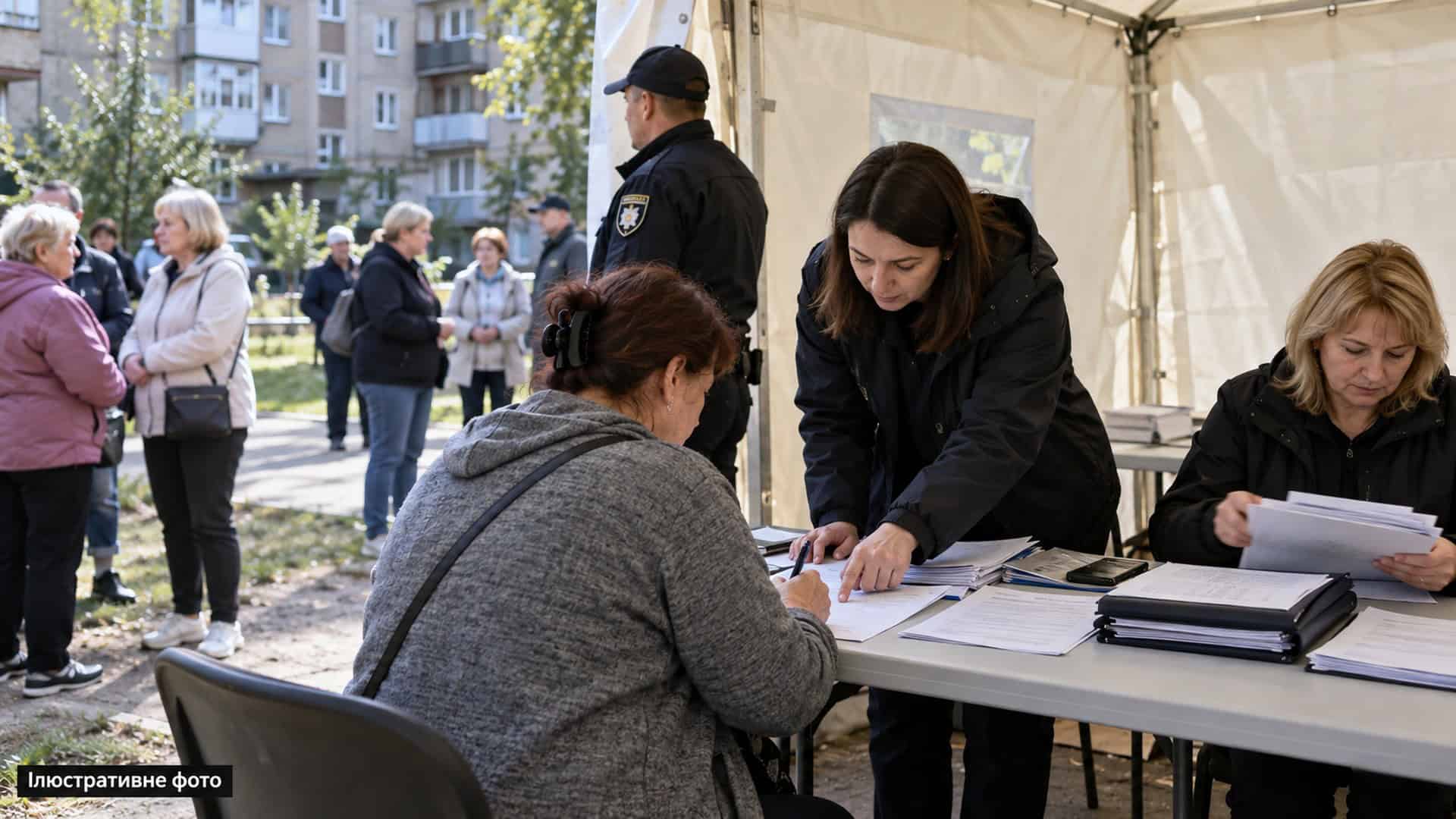 Зелена лінія метро курсує частинами через пошкодження на Південному мосту Соціальна працівниця допомагає жінці заповнити заяву на компенсацію в наметі штабу допомоги, позаду черга мешканців і поліцейський