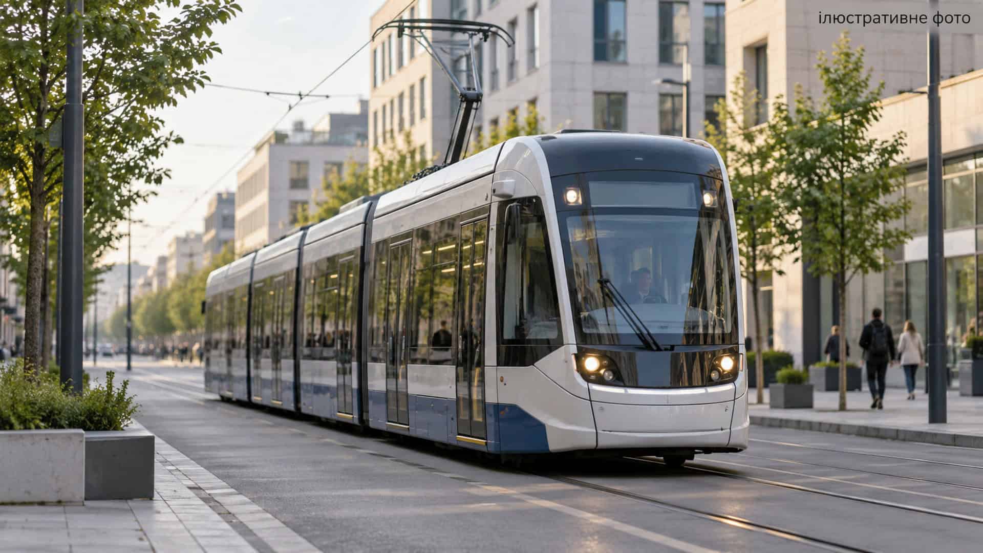 Рух автобусів №70 на просп. Алішера відновили після ДТП Ілюстративне фото: сучасний низькопідлоговий трамвай їде міською вулицею серед дерев і будівель удень