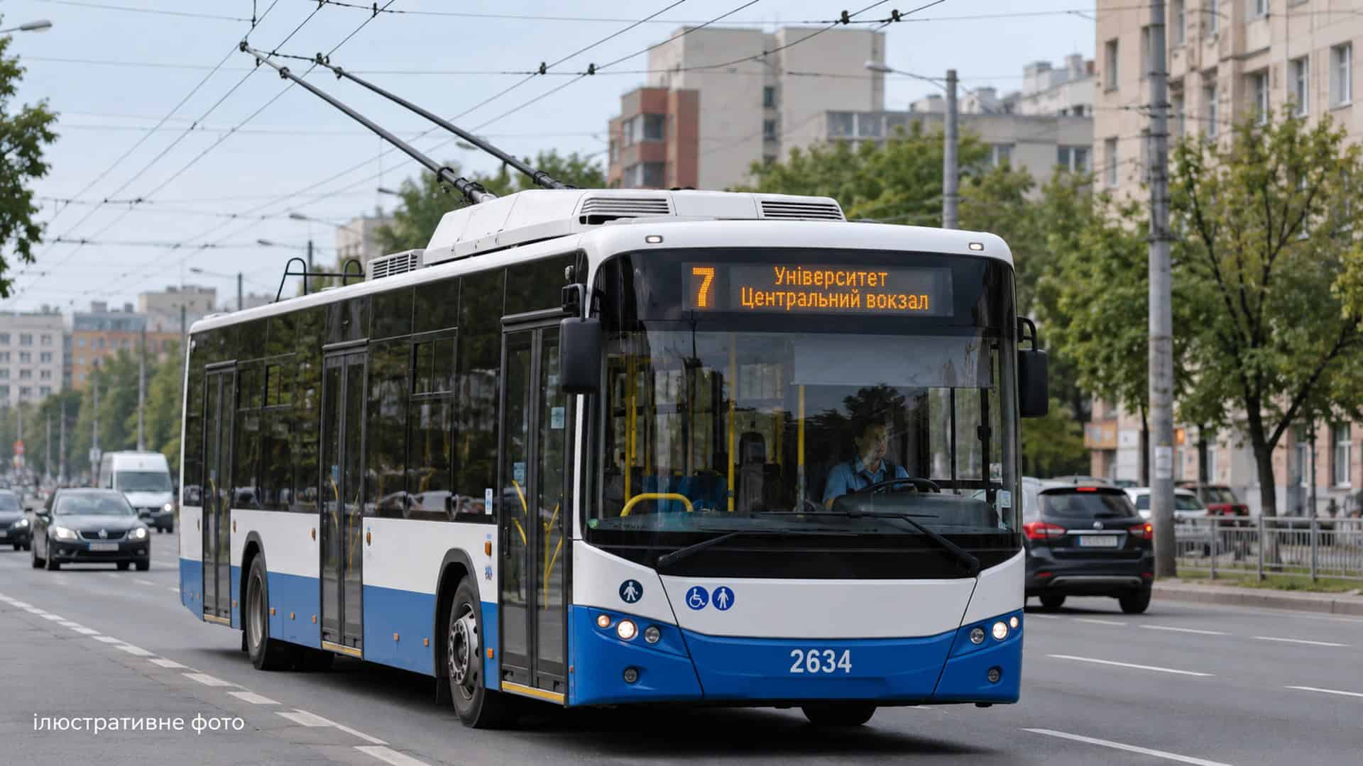 Ілюстративне фото: тролейбус маршруту №7 їде міською вулицею серед транспорту вдень