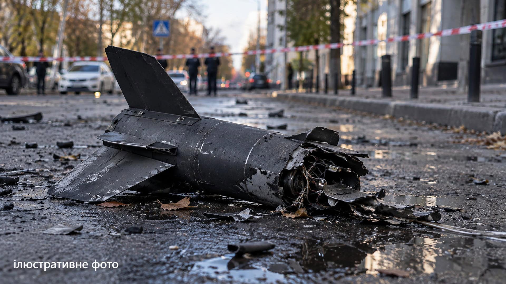 Ілюстративне фото: уламок фюзеляжу дрона з хвостовим оперенням на мокрому асфальті, поліцейські за стрічкою огородження