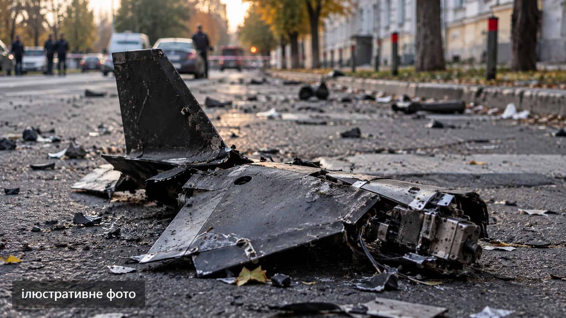 Ілюстративне фото: крило й двигун збитого безпілотника на асфальті, дрібні уламки розкидані вздовж бордюру з осіннім листям