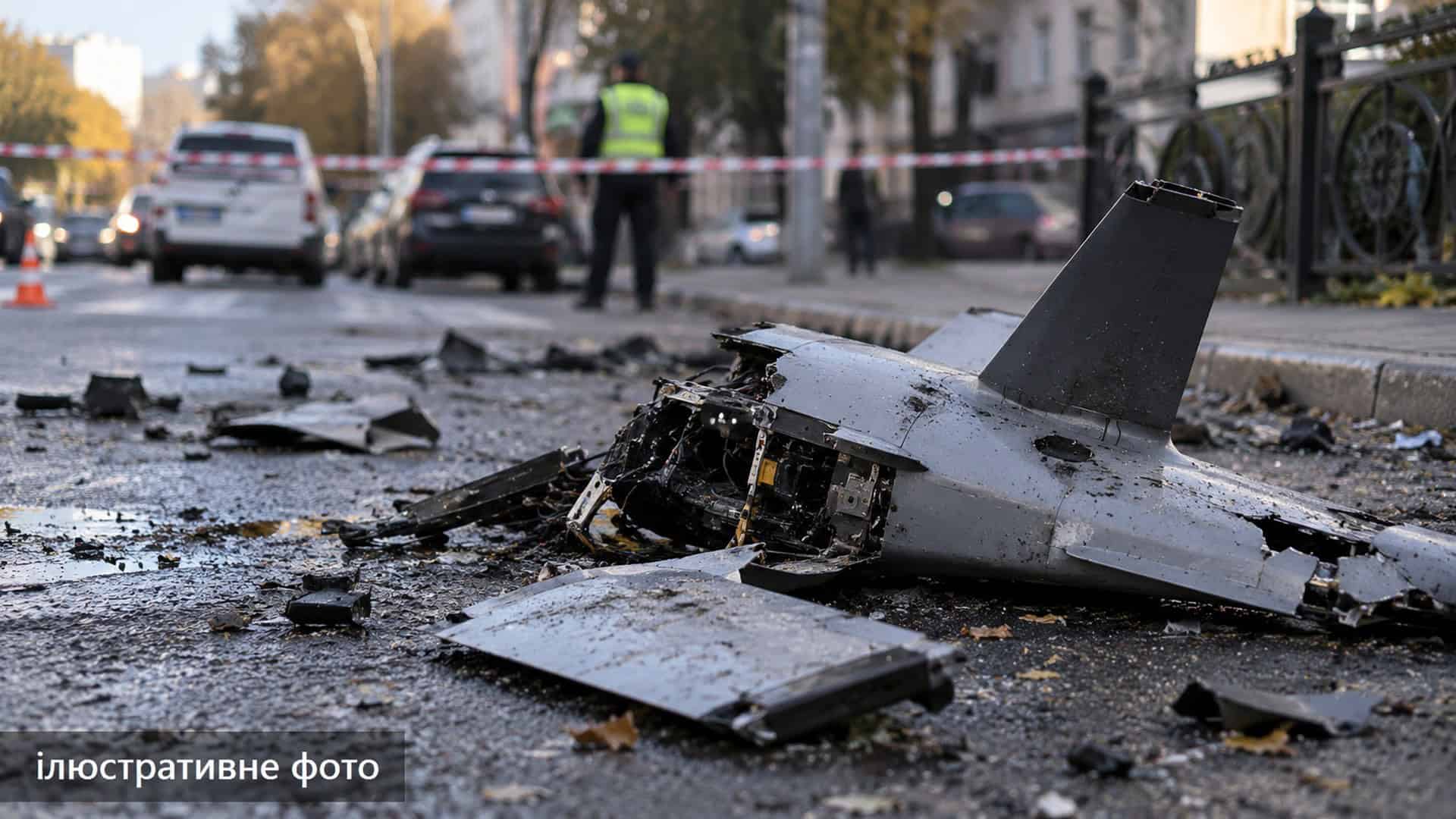 Дарницький район: під завалами ще 9 людей, у Києві 21 загиблий Ілюстративне фото: сірий уламок дрона з розбитою носовою частиною біля кованої огорожі, поліцейський за стрічкою на вулиці