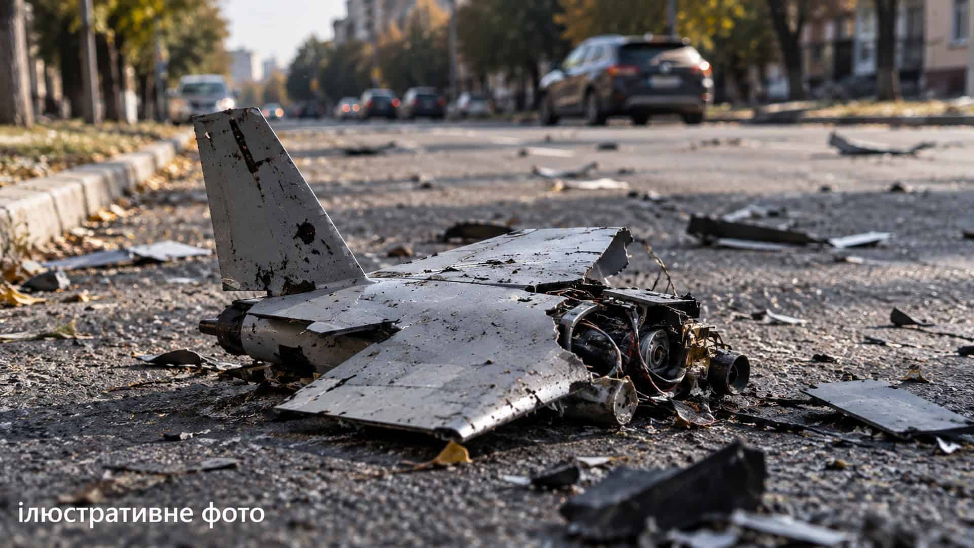 Ніч атаки: пошкоджено гімназію і медзаклад у чотирьох районах Києва Ілюстративне фото: уламки сріблястого безпілотника з крилом і двигуном на проїжджій частині міської вулиці, позаду авто