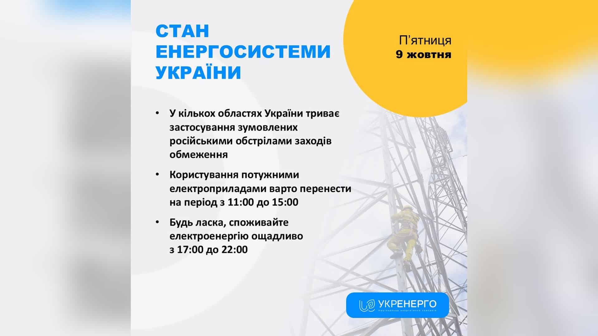 Інфографіка «Укренерго» про стан енергосистеми України 9 жовтня з порадами щодо споживання електроенергії