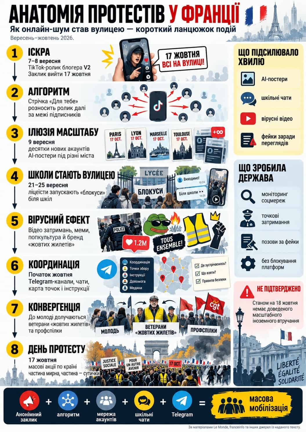 Інфографіка «Анатомія протестів у Франції»: вісім кроків від тікток-ролика до вуличних акцій 17 жовтня 2026 року