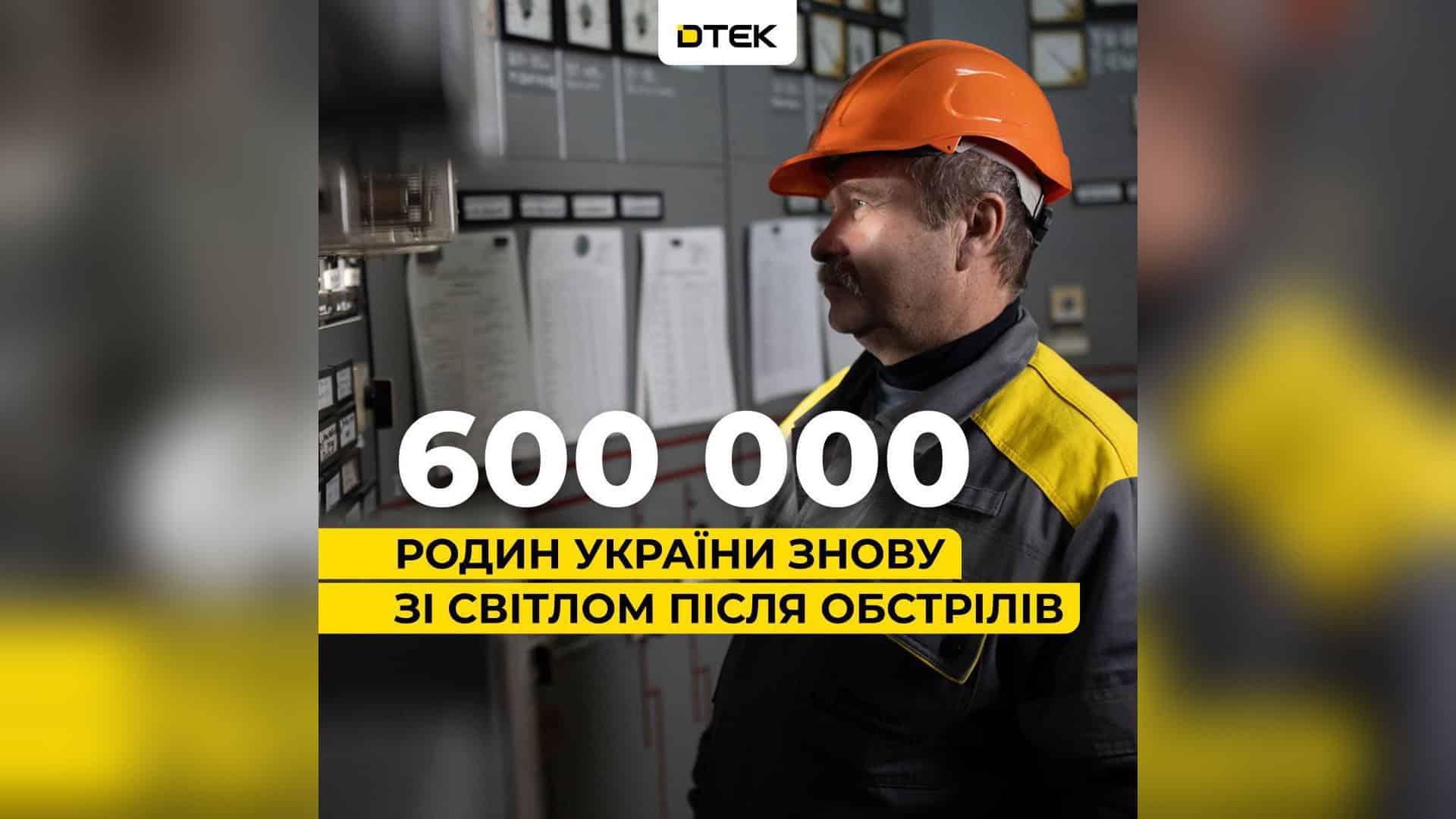Порив труби й 4,5% заявок: старі будинки рідко подаються на співфінансування Інфографіка ДТЕК: енергетик у касці біля розподільчого щита і напис про 600 тисяч родин, яким повернули світло після обстрілів