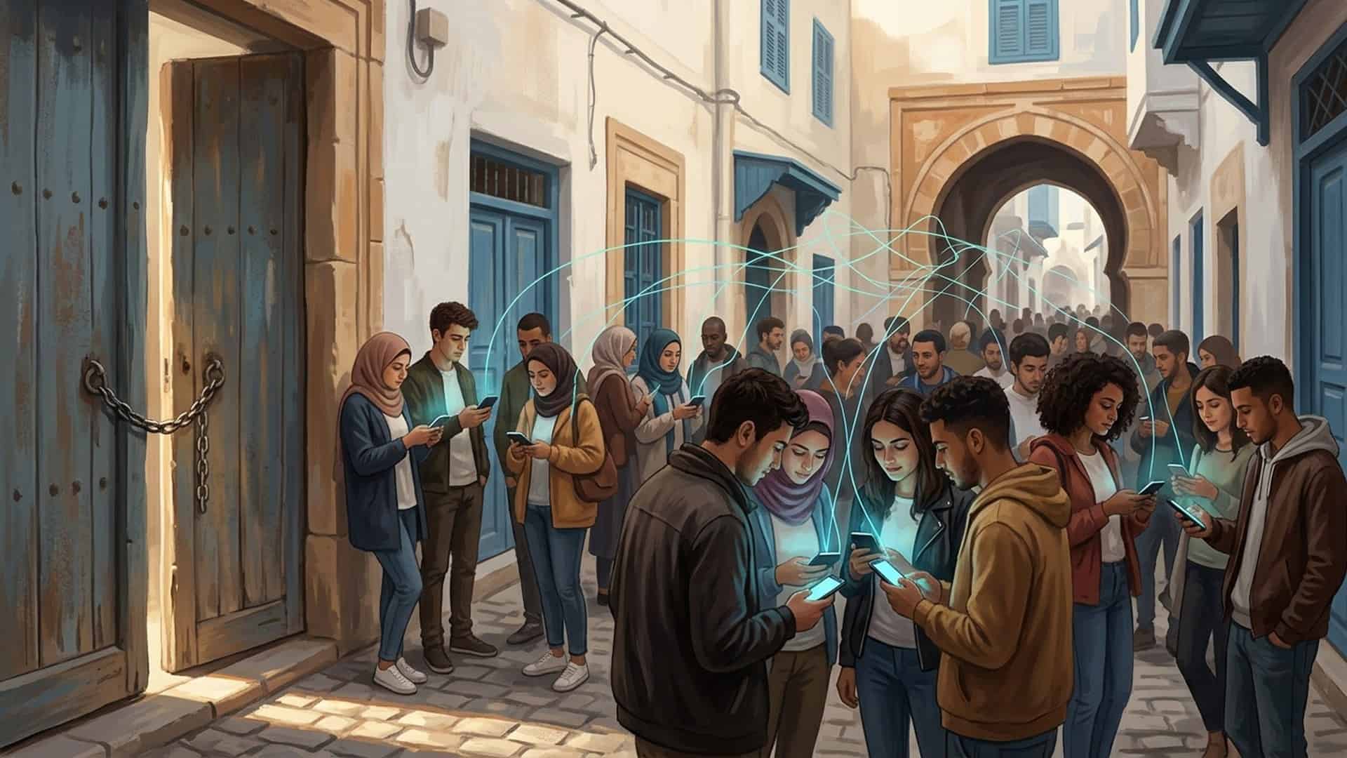 Молоді люди зі смартфонами на вулиці північноафриканського міста біля дверей на ланцюгу