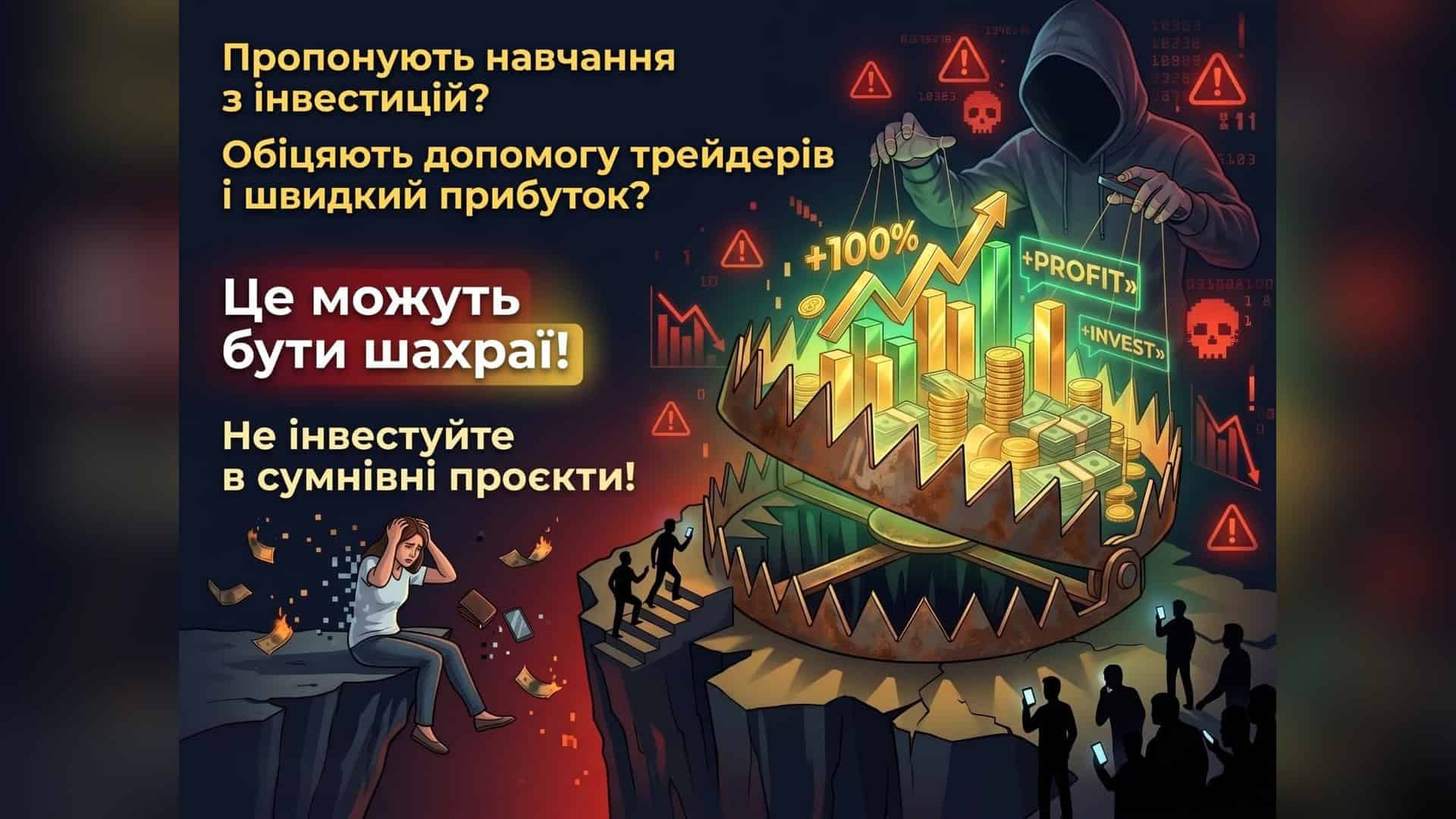Ілюстрація Кіберполіції: шахрай у капюшоні керує людьми над пасткою з грошима, напис «Це можуть бути шахраї!»