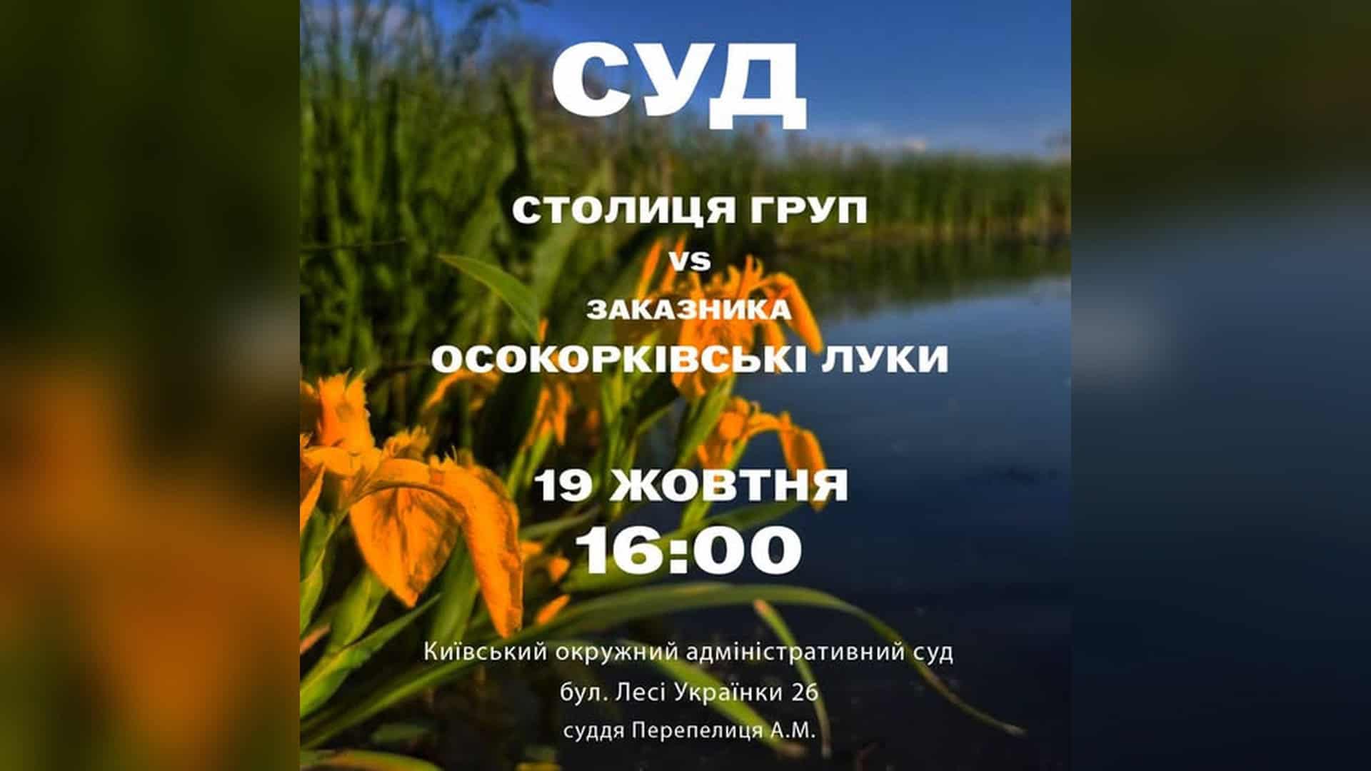На Оболоні навчатимуть в'язати шкарпетки для військових Афіша судового засідання 19 жовтня о 16:00 у справі «Столиця Груп» проти заказника «Осокорківські луки» на тлі квітучих ірисів біля води