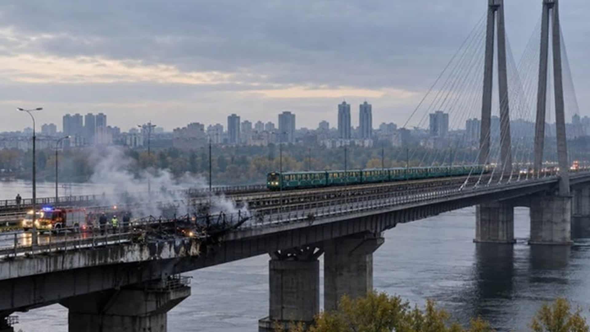 Пошкоджена ділянка Південного мосту в Києві з димом, пожежними машинами та поїздом метро на мосту