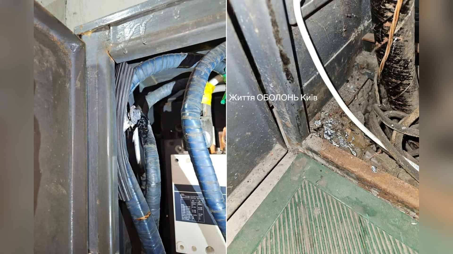 Пошкоджена електрощитова у будинку на вулиці Полярній, 3 в Оболонському р-ні — згоріли проводи після аварії