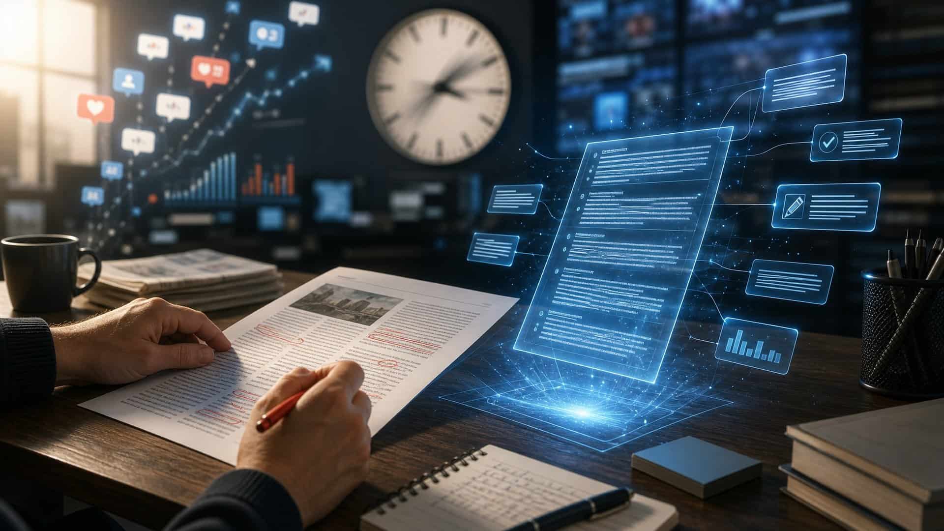 Журналіст править червоною ручкою роздрукований текст, поруч світиться голографічний ШІ-асистент, на тлі годинник і графіки метрик