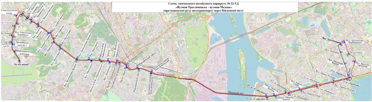 Південним мостом знову курсують автобуси № 22-ТЛ, 22-ТД і 91-Т: схеми Схема тимчасового маршруту автобуса № 22-ТД від вулиці Тростянецької до вулиці Медової через Південний міст