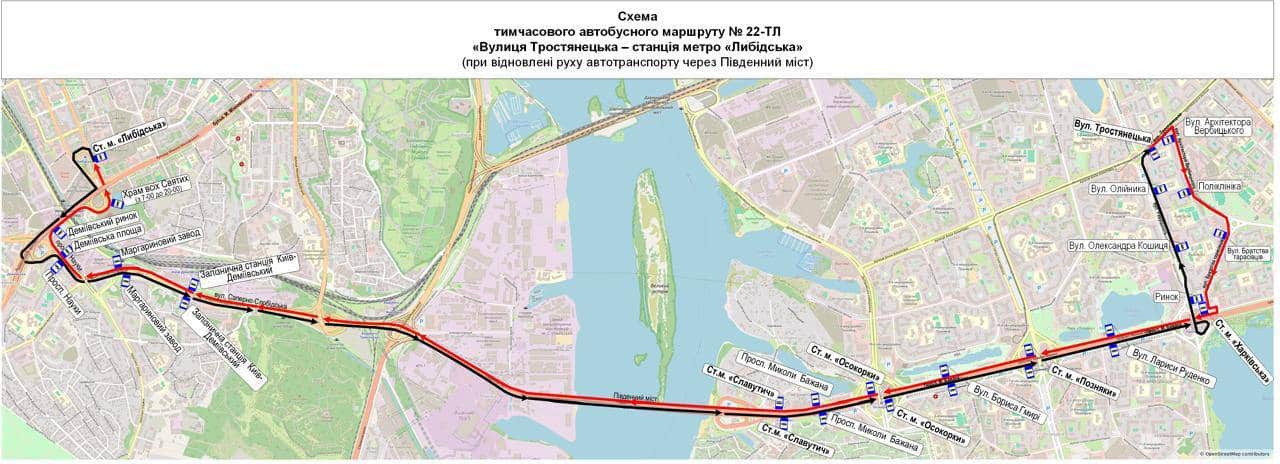 Південним мостом знову курсують автобуси № 22-ТЛ, 22-ТД і 91-Т: схеми Схема тимчасового маршруту автобуса № 22-ТЛ від вулиці Тростянецької до станції метро «Либідська» через Південний міст