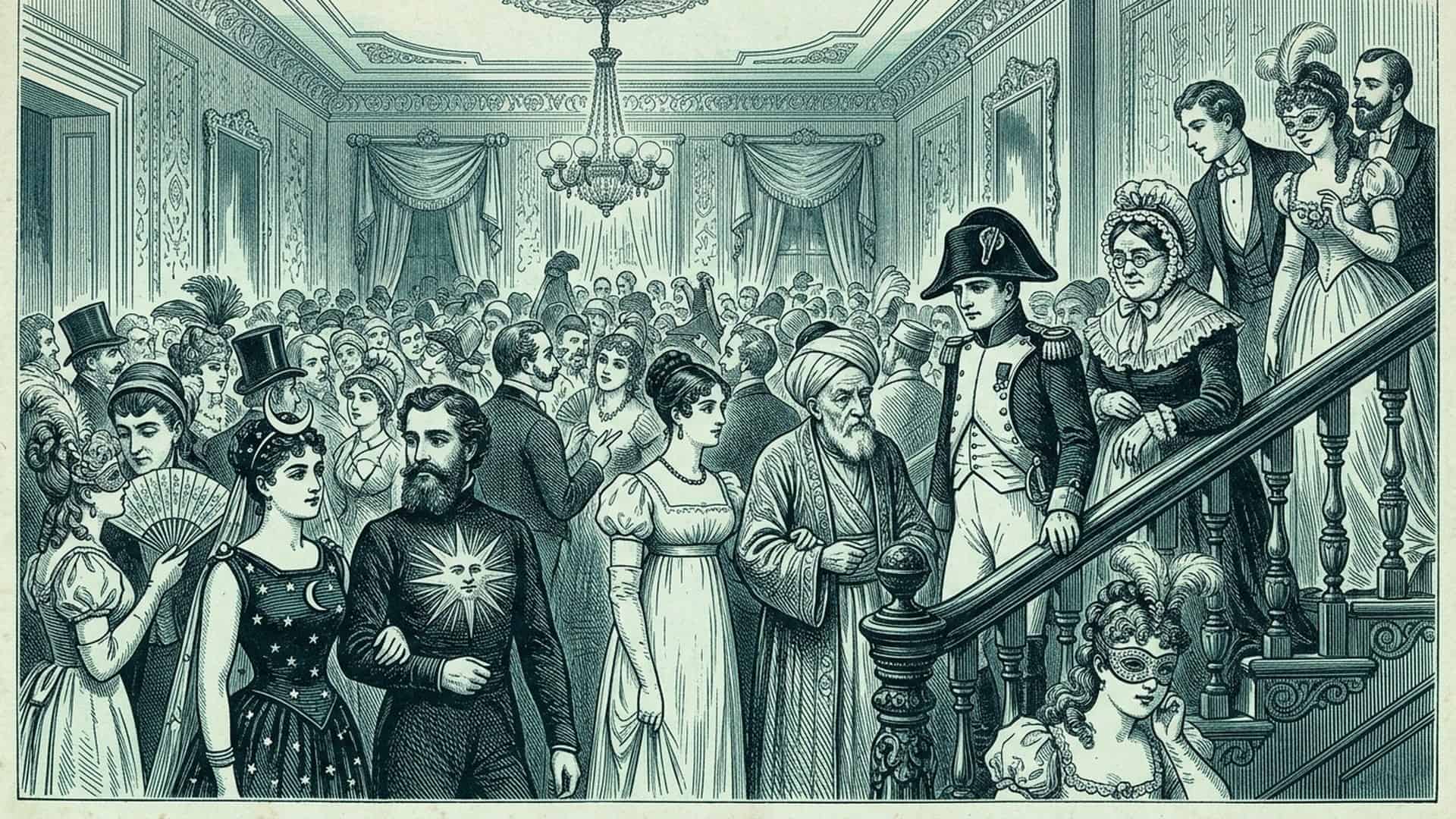 Костюмований бал у лондонському особняку 1880-х років у стилі старовинної гравюри