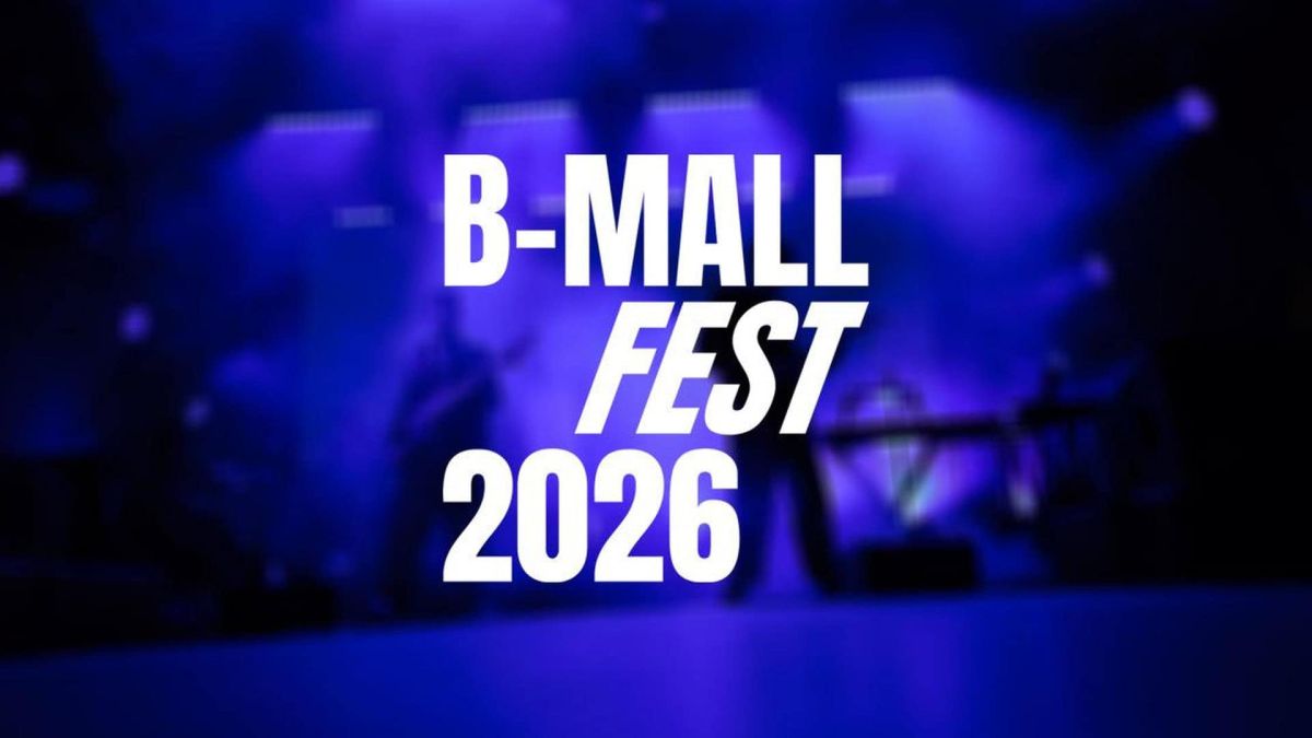Логотип фестивалю B-Mall Fest 2026 на тлі розмитої сцени з синім підсвічуванням, захід у Києві скасовано