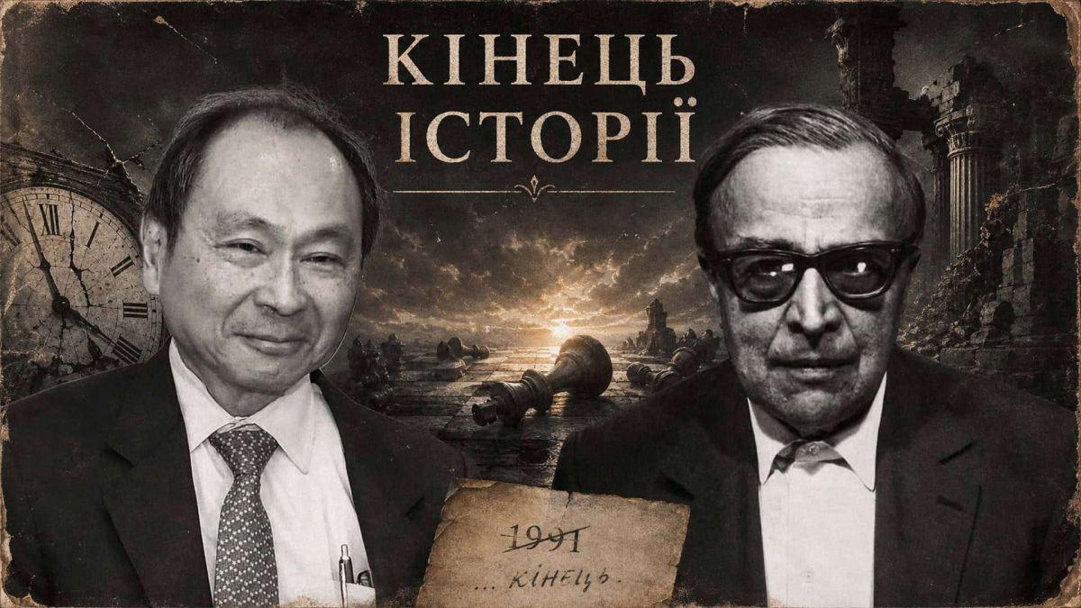 Колаж «Кінець історії»: портрети Френсіса Фукуями та Александра Кожева на тлі шахівниці з поваленими фігурами