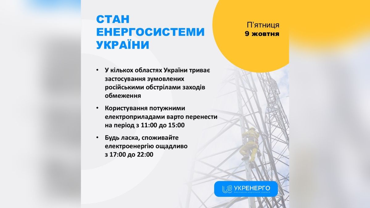 Інфографіка «Укренерго» про стан енергосистеми України 9 жовтня з порадами щодо споживання електроенергії