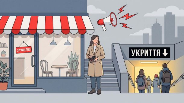 Ілюстрація: зачинена кав’ярня, розгублена власниця з гаманцем і люди, що спускаються до укриття під час повітряної тривоги