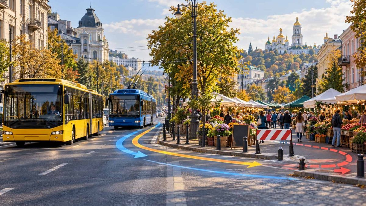 Ілюстрація: жовтий автобус і синій тролейбус об’їжджають перекриту ділянку вулиці, де працює осінній ярмарок у Києві